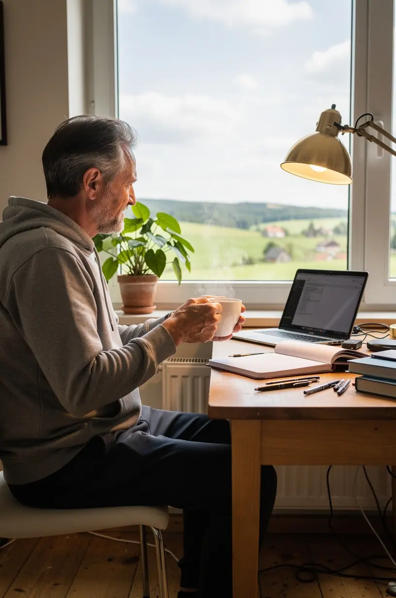 Organizuota darbo zona namuose su arbatos puodeliu, skirta palaikyti produktyvų ir patogų kasdienį ritmą.